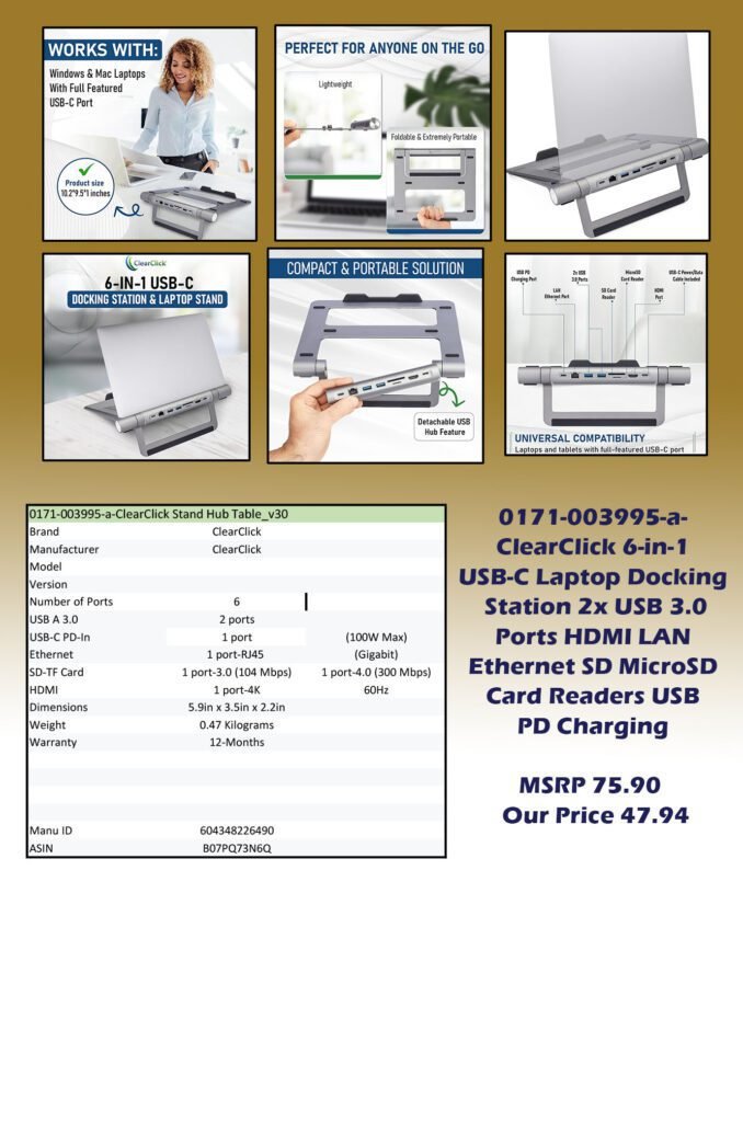 0171-003995-a-ClearClick 6-in-1 USB-C Laptop Docking Station 2x USB 3.0 Ports HDMI LAN Ethernet SD MicroSD Card Readers USB PD Charging img0 MSRP 75.90 Our Price 47.94 copy